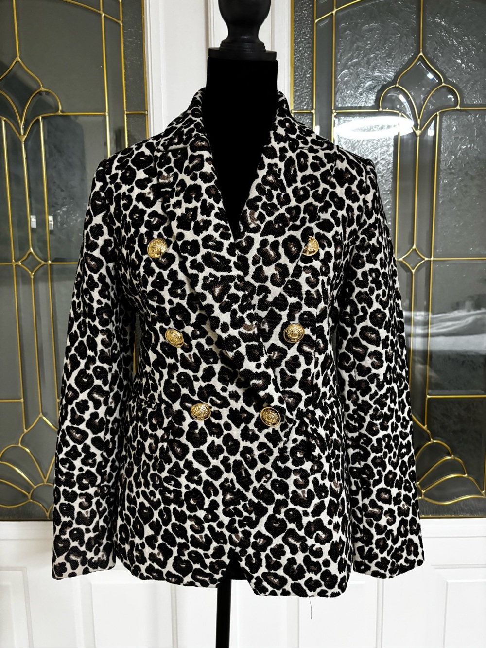 Boston Proper Brown & White Leopard Double-Breasted Blazer